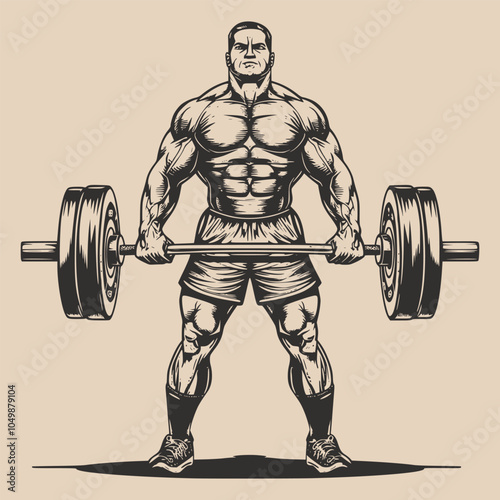 Vintage retro engraving woodcut style sketch draw paint of gym fit sport powerlifter bodubuilder man with barbell