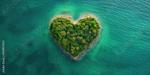 Heart shaped island in the ocean. The island is surrounded by water and trees. Concept of peace and tranquility