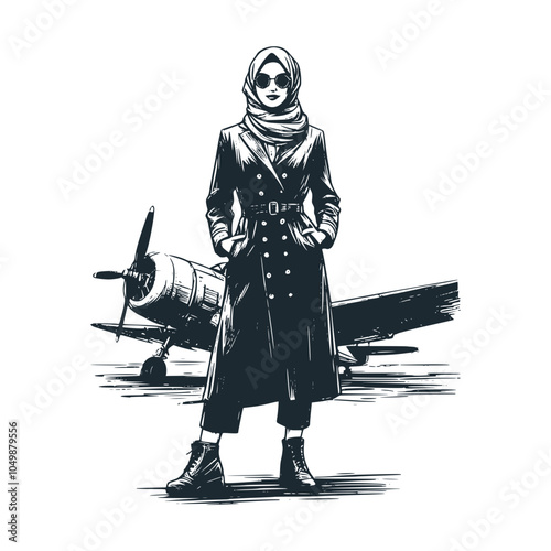 girl wearing hijab standing near airplane. Black white vector illustration.