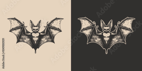 Vintage retro engraving woodcut style sketch draw paint of halloween bat bird animal character