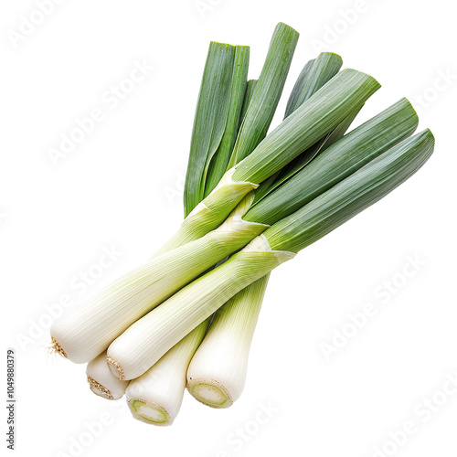 Fresh leeks with long white stalks lying in a natural arrangement, professional food photo, top view composition, isolated on white background 
 photo