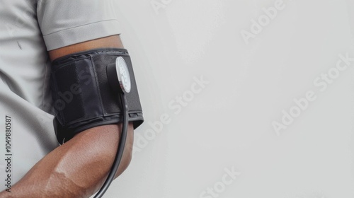 A close-up of a patient's arm with a blood pressure cuff in a clinic setting against a clean white background, macro shot, Minimalist style