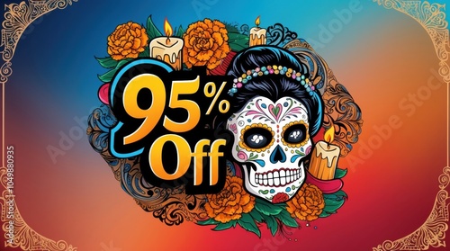 95% OFF logo, ornately decorated with a colorful sugar skull motif surrounded by traditional Day of the Dead elements such as marigolds candles and ornate filigree patterns photo