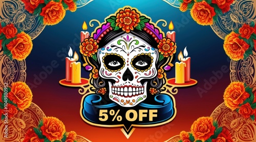 5% OFF logo, ornately decorated with a colorful sugar skull motif surrounded by traditional Day of the Dead elements such as marigolds candles and ornate filigree patterns photo