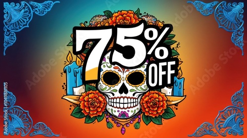 75% OFF logo, ornately decorated with a colorful sugar skull motif surrounded by traditional Day of the Dead elements such as marigolds candles and ornate filigree patterns photo