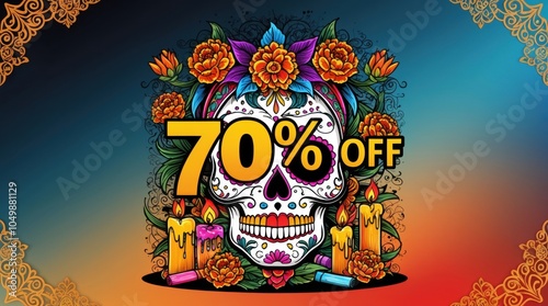 70% OFF logo, ornately decorated with a colorful sugar skull motif surrounded by traditional Day of the Dead elements such as marigolds candles and ornate filigree patterns photo