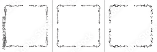 Frame set. Three frames with elegant black and white ornamental frame with Viking runes, decorative border, corners. Isolated vector illustration.	
