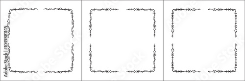 Frame set. Three frames with elegant black and white ornamental frame with Viking runes, decorative border, corners. Isolated vector illustration.	
