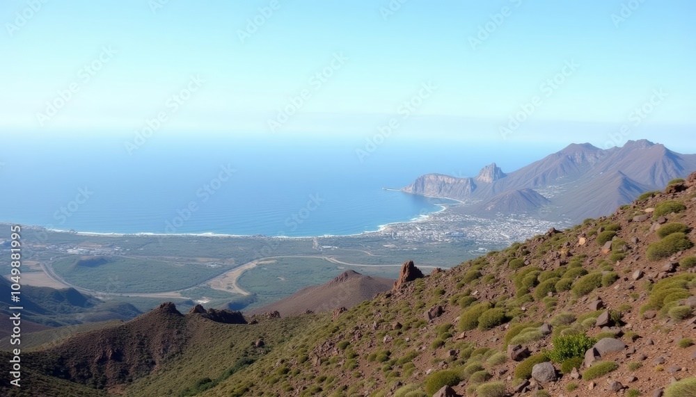 Obraz premium Panoramic view of a coastal mountain range under a clear sky