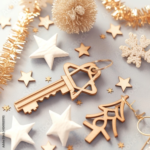 New year or Chrismas day,A photo with wooden snowflakes and wooden stars on a white background has an old key and a wooden house,leave space for the text design.