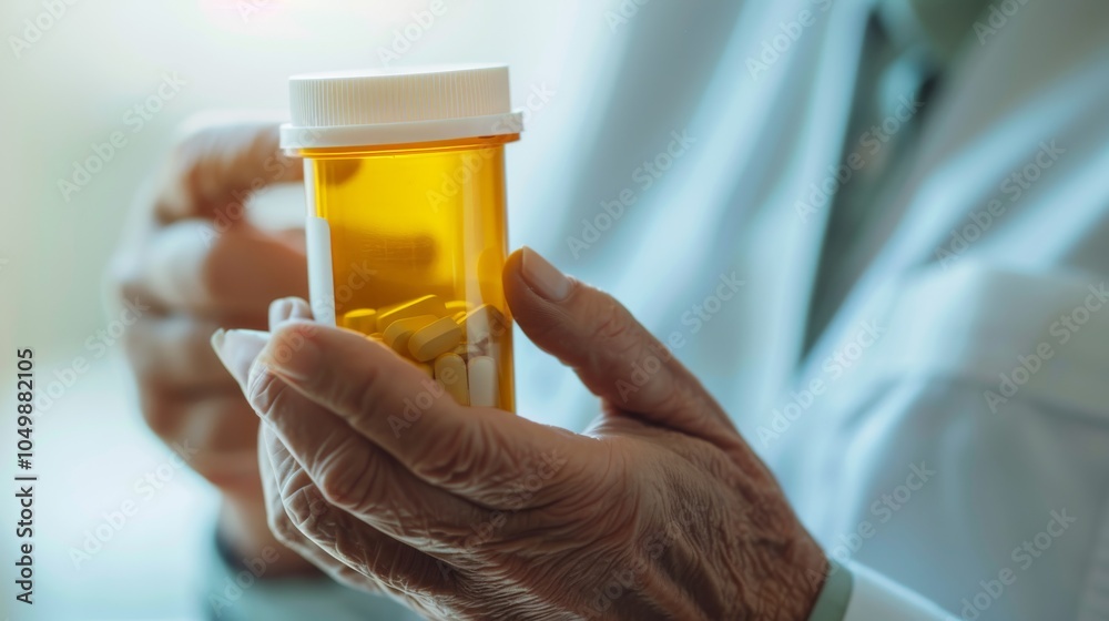 A close-up of a patient��s hand holding a prescription bottle with detailed labels visible, set against a softly blurred background of a home setting, macro shot A close-up of a patient��s hand holding a prescription bottle with detailed labels visible, set against a softly blurred background of a home setting, macro shot