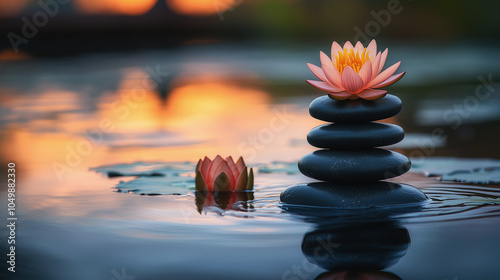 Stack of zen stones with a pink water lily on top at sunset, promoting peace and tranquility