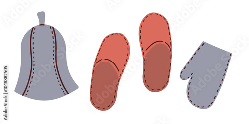 Bath and sauna accessories flat vector illustrations set. Finnish steam room washing tools. Cartoon sauna mitten ,flip and sauna hat isolated on white background. Sauna accessories .