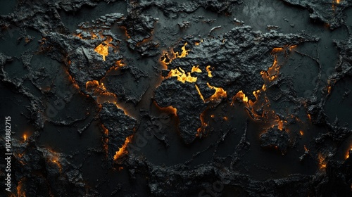 Black and orange lava map of the world with glowing lava