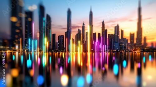 Vibrant Cityscape with Reflections at Sunset