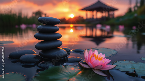 Black balancing stones in a pond with pink lotus flower and gazebo at sunset, creating a peaceful and tranquil scene