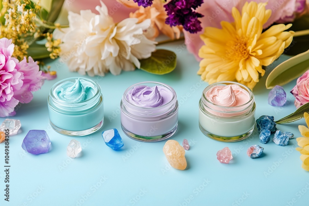 Colorful creams in jars surrounded by flowers and crystals on a light blue background create a vibrant, calming aesthetic. Colorful creams in jars surrounded by flowers and crystals on a light blue background create a vibrant, calming aesthetic.