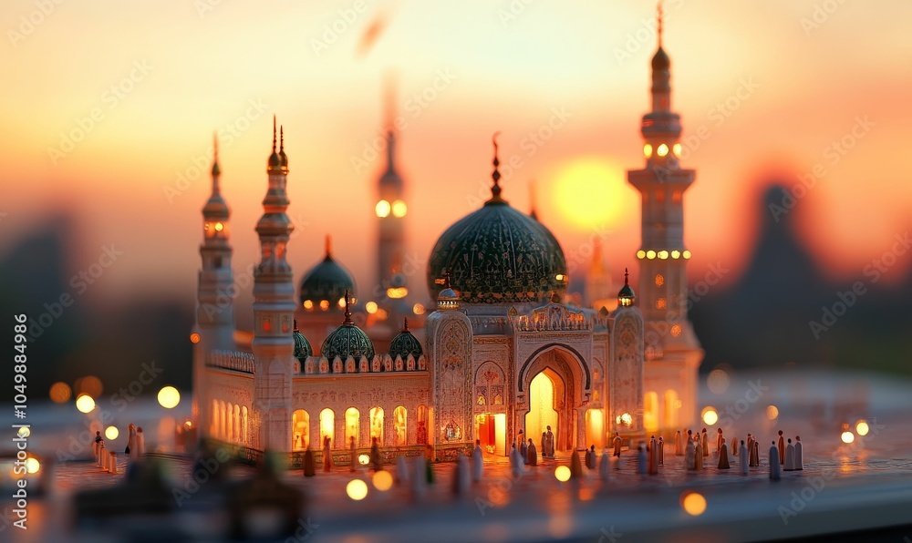 Fototapeta premium A miniature mosque at sunset with people.
