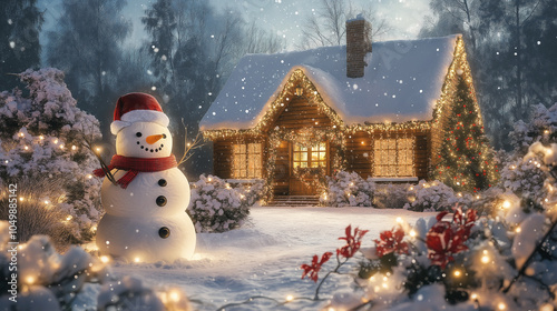 Cheerful snowman stands proudly in a snowy garden, gazing at a charming, illuminated christmas cabin on a winter night