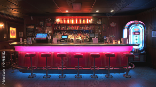 Classic american bar counter shining with pink neon lights and a jukebox in the background, creating a vintage atmosphere