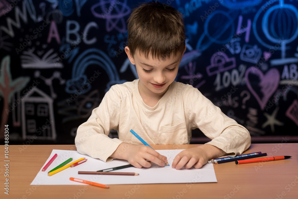 Naklejka premium Elementary school student with pencils, thoughtful expression, colorful school-themed chalkboard backdrop.