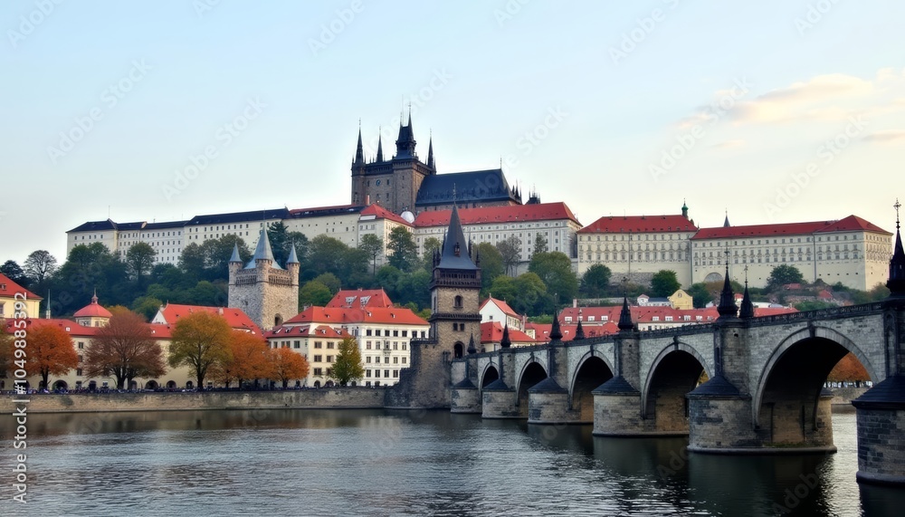 Naklejka premium Elegant European architecture meets serene waters