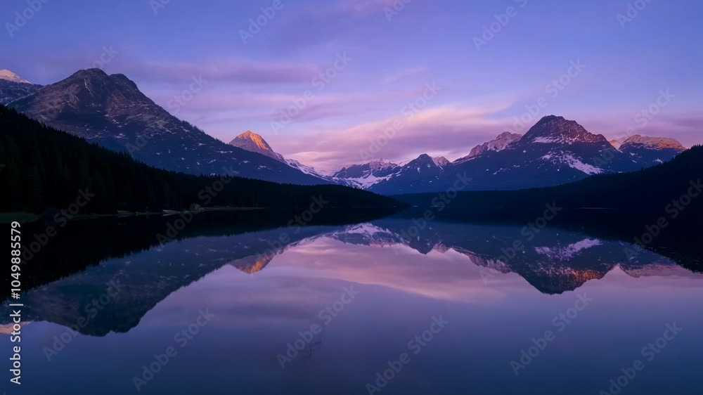 Stunning purple sunrise reflecting on a serene lake with majestic mountains and forest Stunning purple sunrise reflecting on a serene lake with majestic mountains and forest