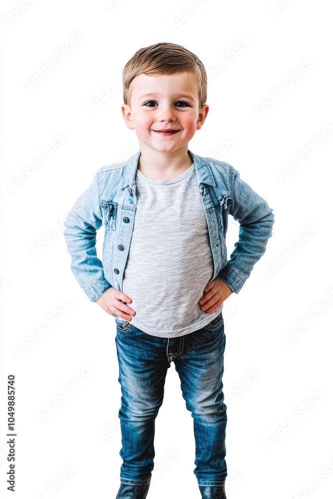 Fototapeta premium Young boy is wearing a blue jacket and jeans and is smiling. He is posing for a picture
