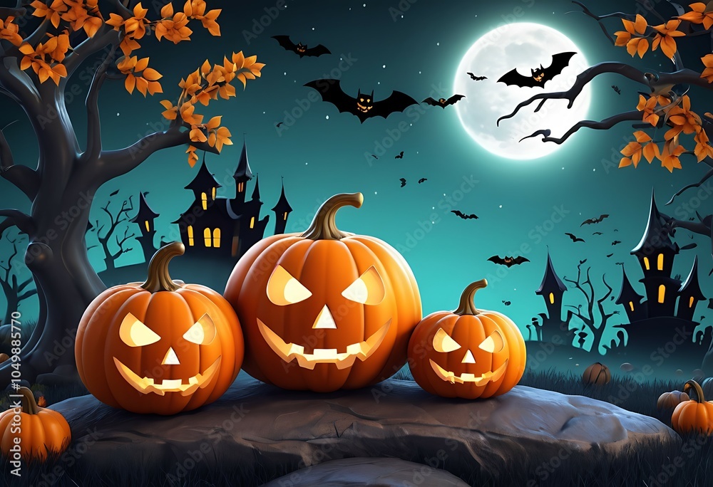 A cartoon illustration wallpaper of a witch with a pumpkin, cats and a ghost, 3d Cute witch Halloween background, Cute Little Young Witch Halloween Cartoon Character.