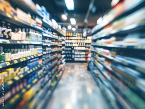 Blurry shot of a grocery store aisle with many products on the shelves. Concept of busyness and abundance, as there are numerous items available for purchase photo