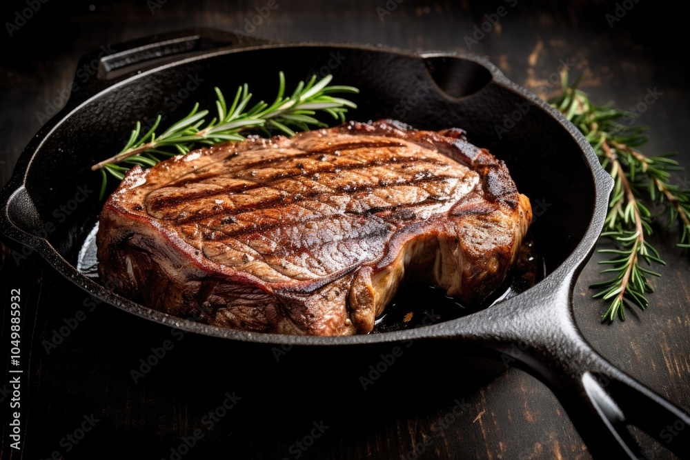 Steak is cooked in a skillet with some herbs on top. The steak is brown and juicy, and the herbs add a nice flavor. The skillet is on a wooden table, and the herbs are scattered around the steak Steak is cooked in a skillet with some herbs on top. The steak is brown and juicy, and the herbs add a nice flavor. The skillet is on a wooden table, and the herbs are scattered around the steak