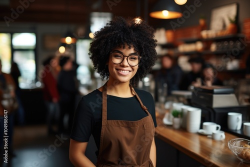 Woman wearing a brown apron and glasses stands in a coffee shop. She is smiling and she is happy