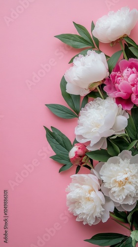 Arrangement of blooming peonies with green leaves against a bright pink backg...