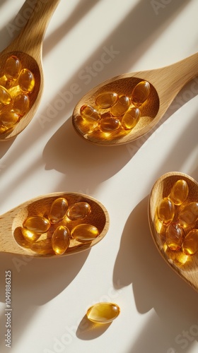 Bamboo spoons filled with golden capsules on a light background in natural da...