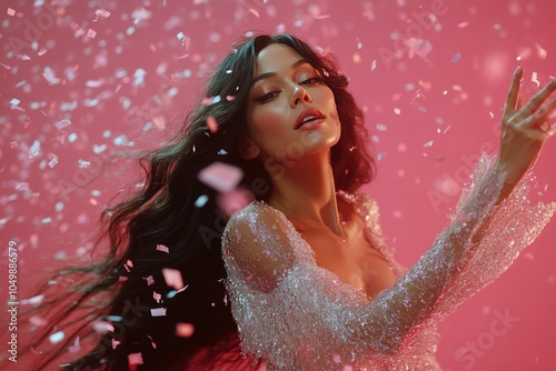 A glamorous celebration with confetti and sparkling attire in a vibrant setting