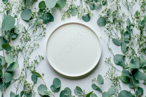 A simple wooden circle surrounded by delicate greenery on a white background