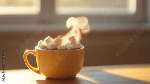 A steaming cup of hot chocolate topped with marshmallows, set on a wooden surface with soft light filtering through a window.