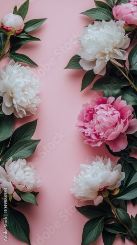 Arrangement of blooming peonies with green leaves against a bright pink backg...