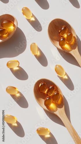Bamboo spoons filled with golden capsules on a light background in natural da...