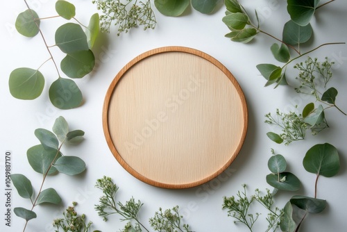 A simple wooden circle surrounded by delicate greenery on a white background