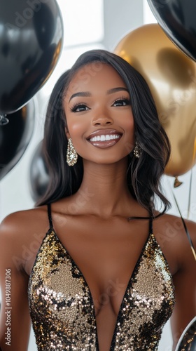 Elegant young woman in sparkling dress holding black and gold balloons in a c...