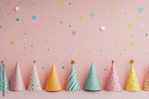 Colorful party hats with confetti against a pink background for a vibrant cel...