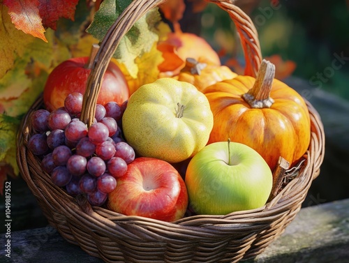 Basket of fruit and vegetables including apples, grapes, and pumpkins. The basket is brown and has a rustic feel. The fruits and vegetables are arranged in a way that makes them look fresh photo