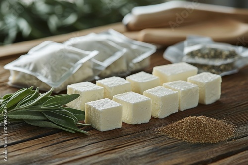 Fresh cheese cubes arranged on a wooden board with herbs and nuts in a bright...