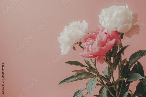 Beautiful bouquet of peonies in shades of pink and white against a soft paste...