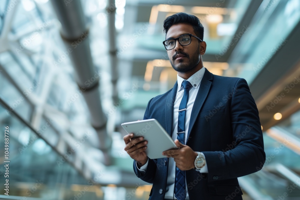 Man in a suit holding a tablet in his hand. He is wearing a tie and he is focused on the tablet Man in a suit holding a tablet in his hand. He is wearing a tie and he is focused on the tablet