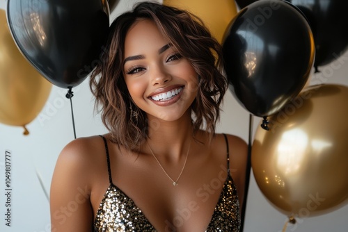 Young woman celebrating with black and gold balloons, wearing a shimmering ou...