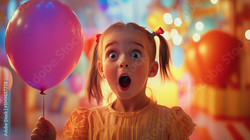 Surprised little girl with pigtails holding a birthday balloon in a brightly decorated party scene. v3 photo