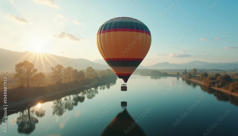 Fototapeta premium Elevated serenity A hot air balloon floats above a tranquil river at sunrise
