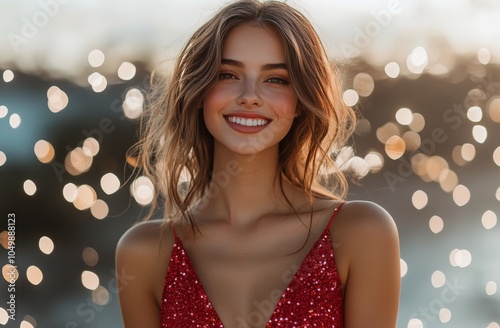 Cheerful young woman celebrates with fireworks view while taking a selfie dur...